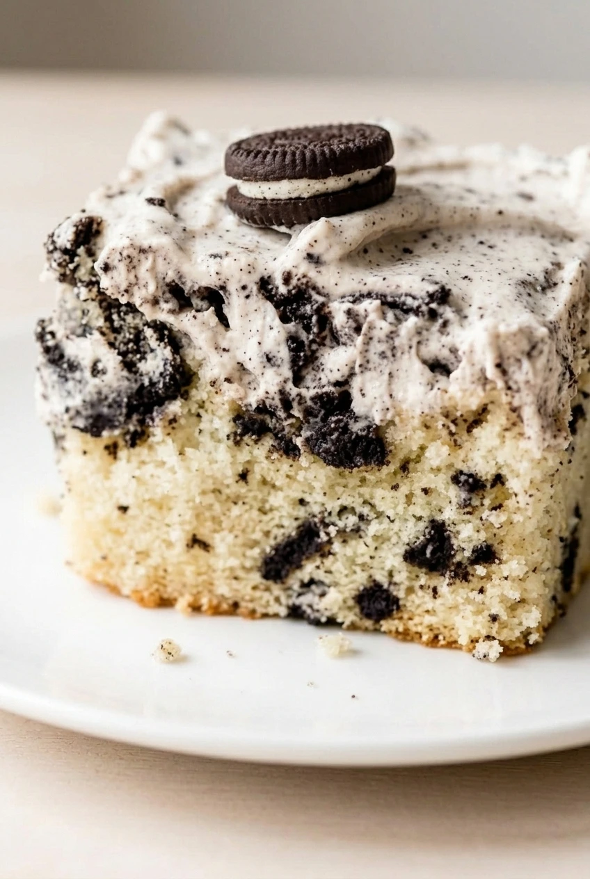 Close detail of pale Oreo cake crumb with distinct cookie pieces beneath flecked buttercream and a whole Oreo.