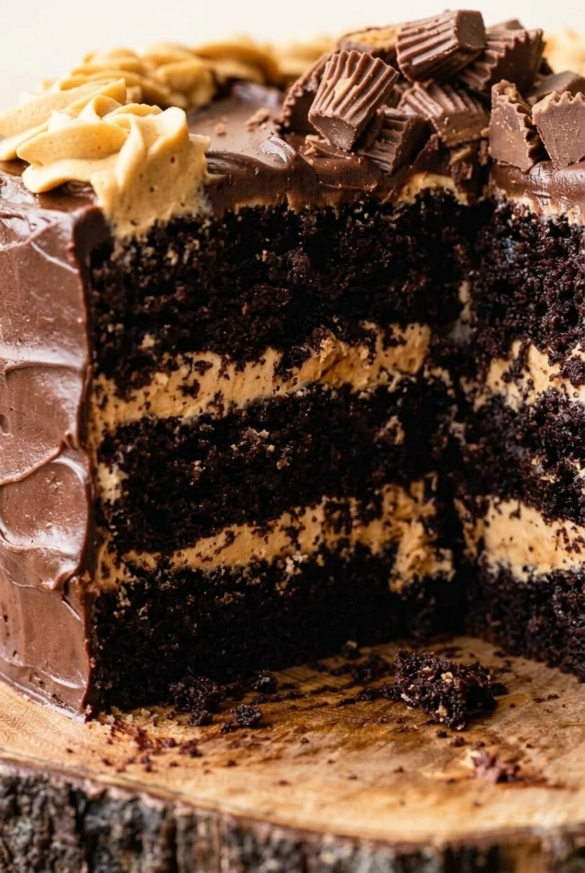 Close detail of the cake’s dark chocolate crumb, peanut butter filling bands, chocolate frosting, and candy topping.