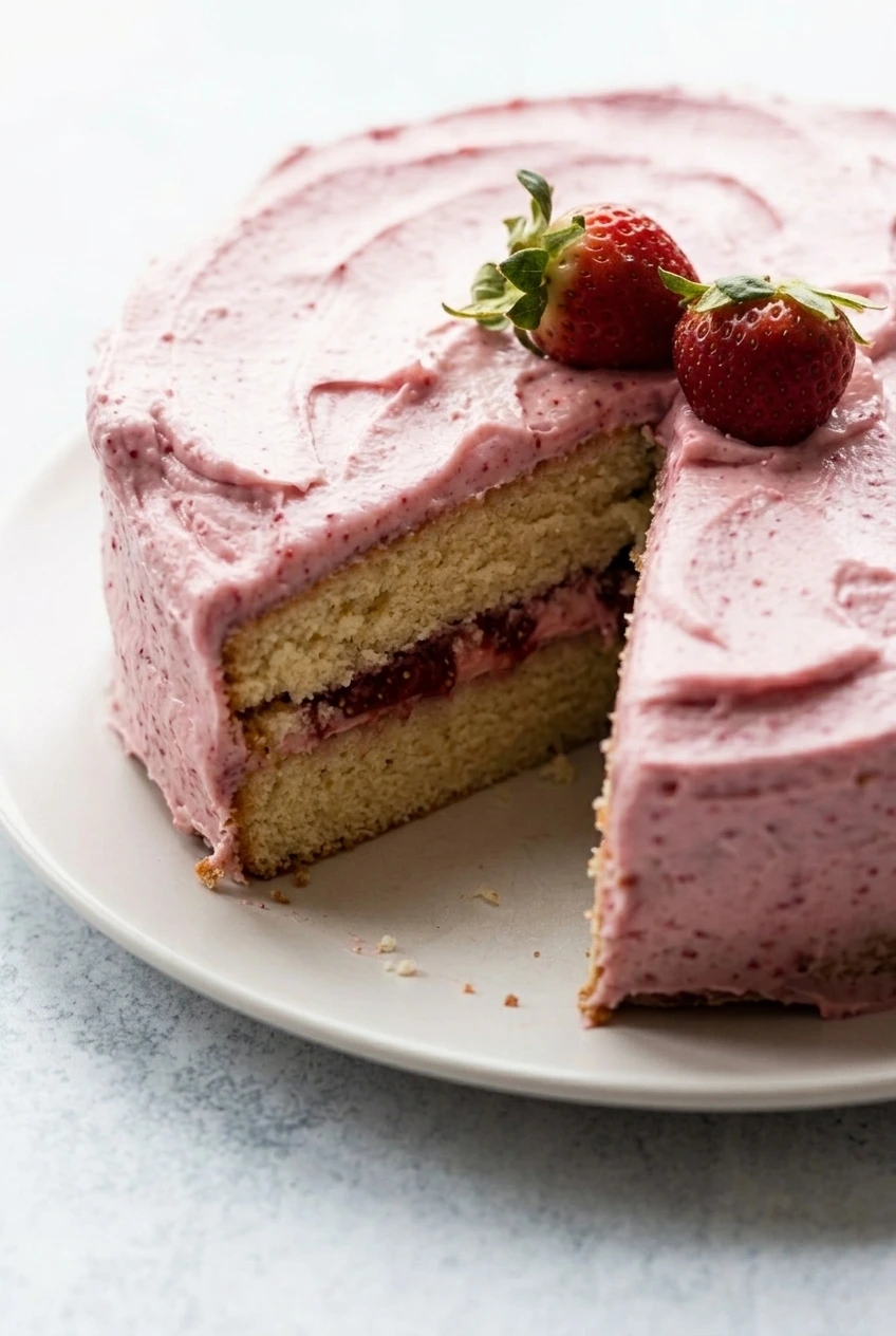 Close-up of a cut wedge showing vanilla cake layers, strawberry filling, and pale pink frosting