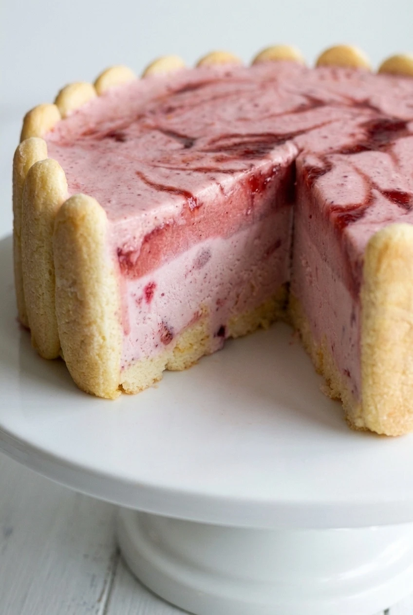 Close view of a cut birthday ice cream cake showing strawberry pieces in the pink filling above the vanilla cake base.