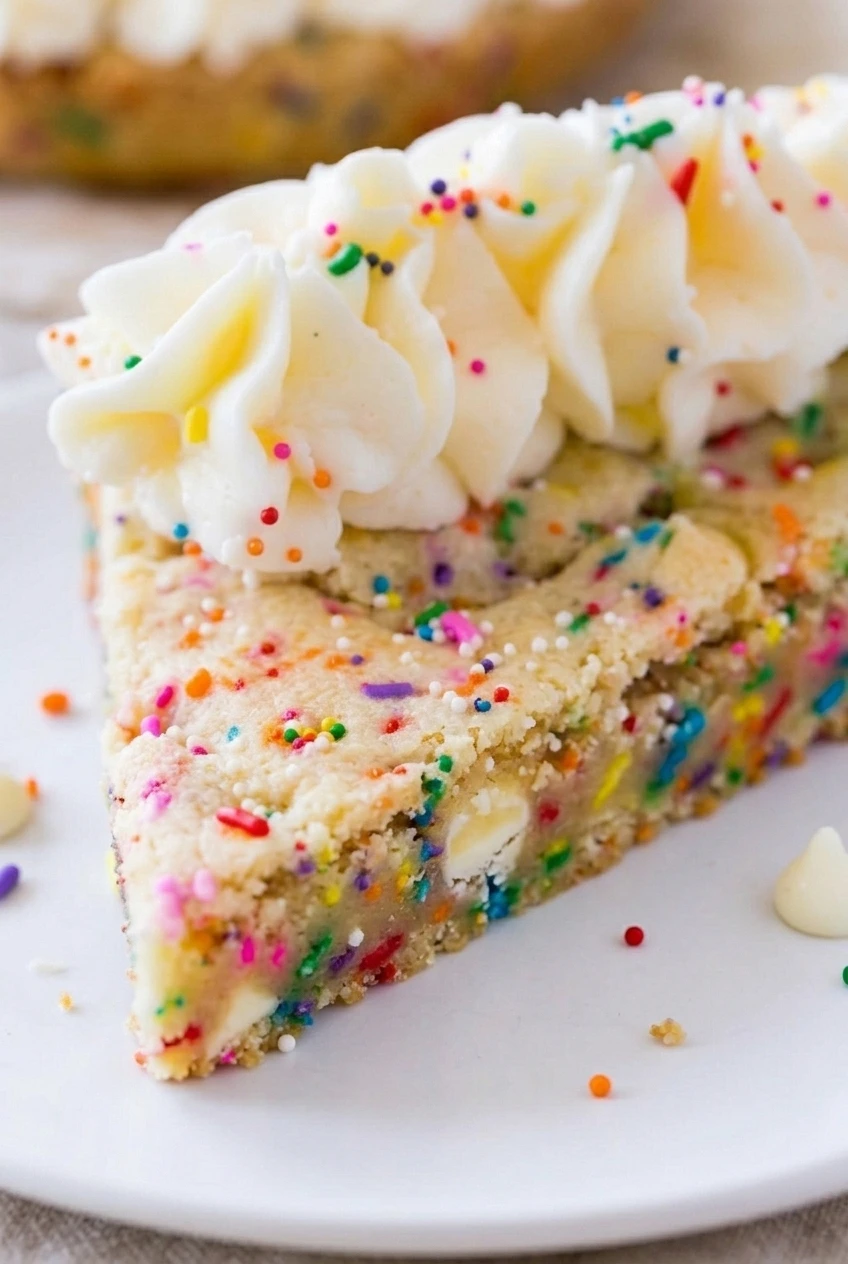 Close view of the soft, sprinkle-studded interior and ridged buttercream on a funfetti cookie cake wedge