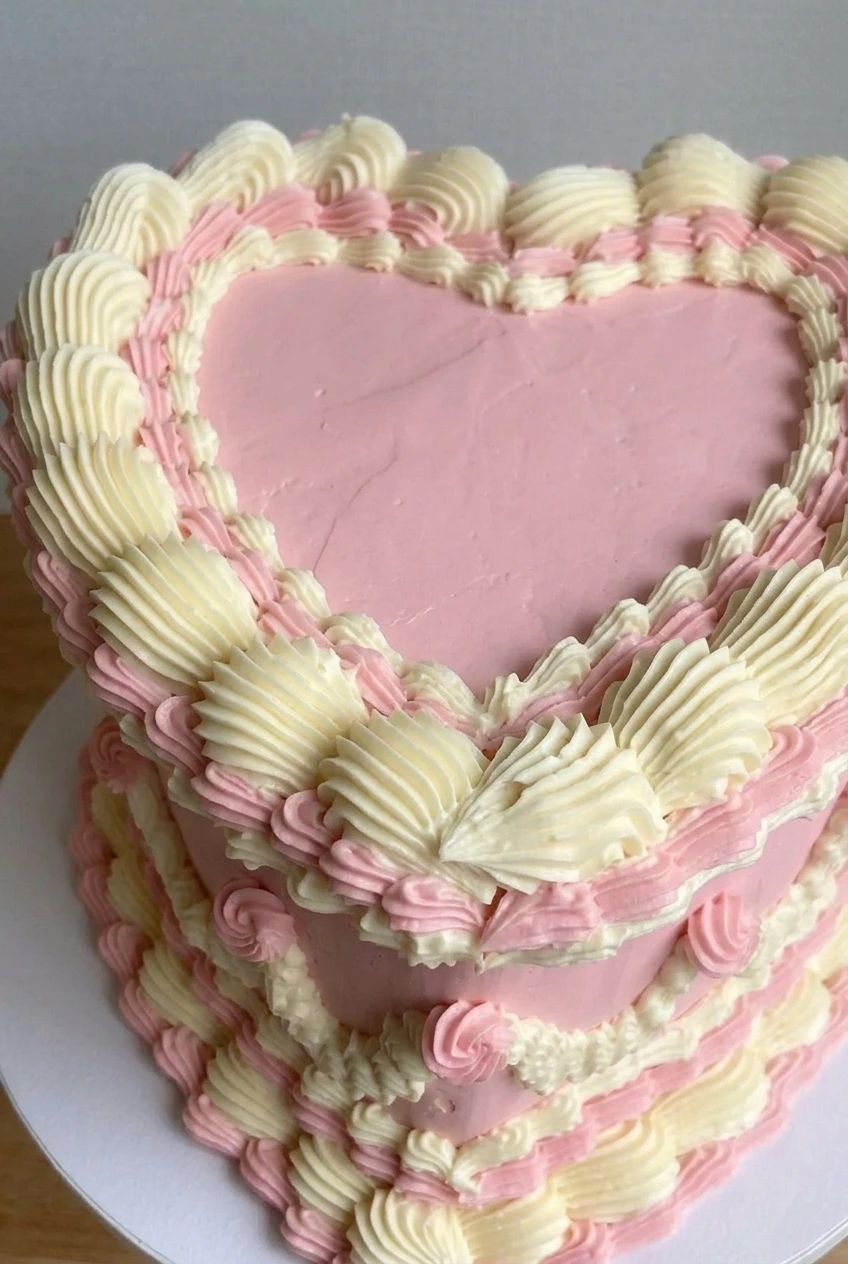 Close detail of the cake’s smooth pink frosting and ridged ivory-and-pink vintage piping