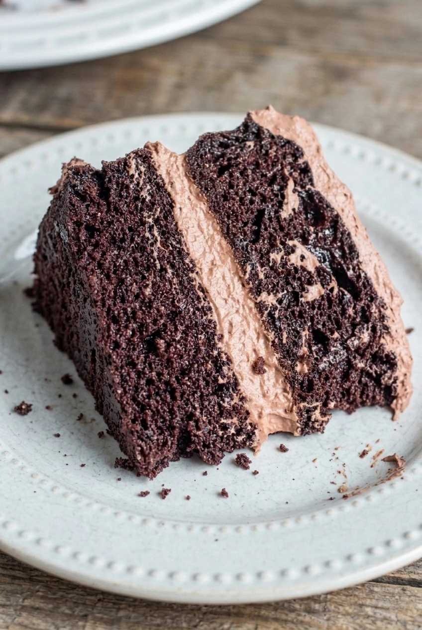 Close view of the porous dark crumb and thick chocolate frosting seam in a slice of sugar-free chocolate cake.