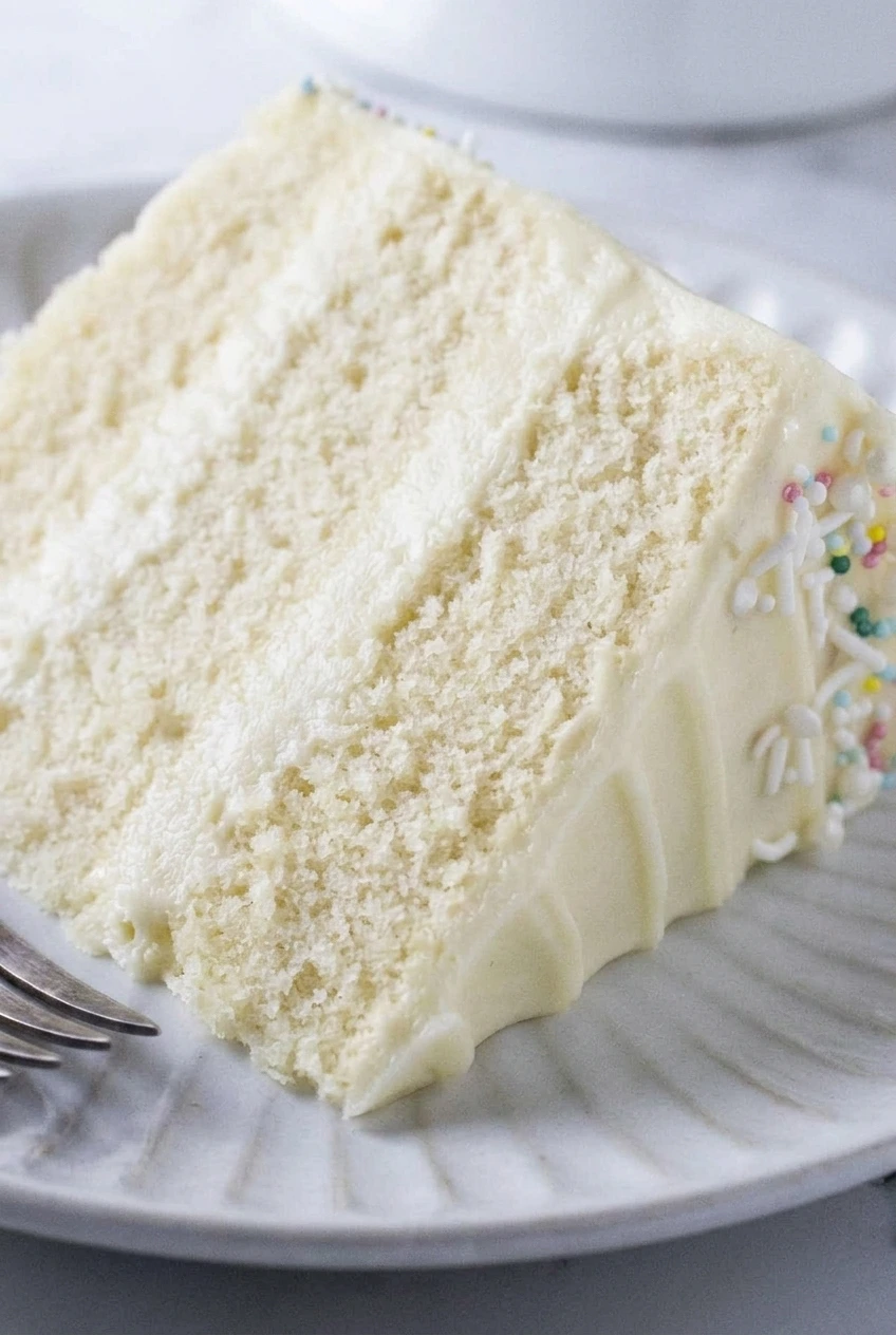 Close view of pale vanilla cake crumb meeting smooth cream cheese frosting and colorful sprinkles