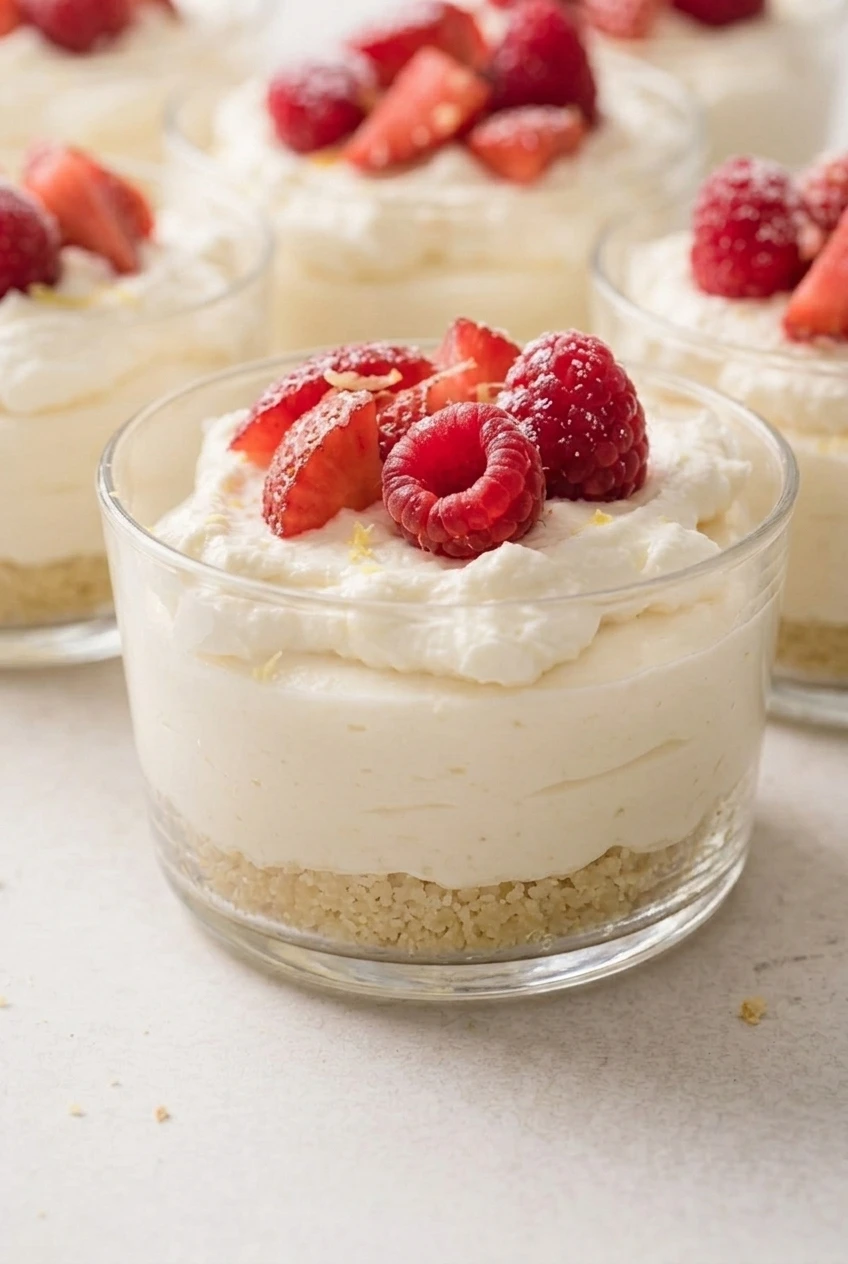 Close view of a cheesecake cup showing its almond crust, creamy filling, whipped topping, and fresh berries
