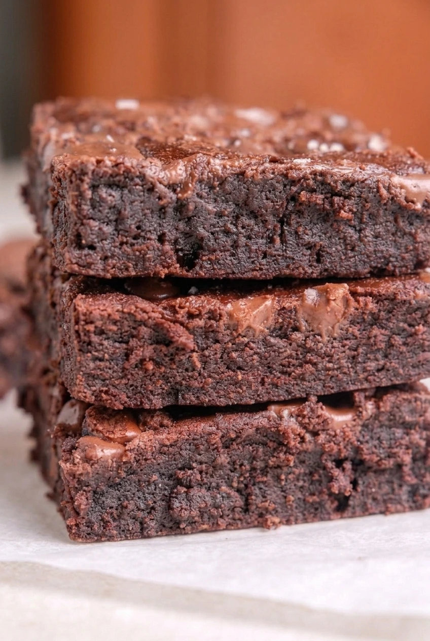 Close detail of a sugar-free fudgy brownie’s moist, dark interior and chocolate pieces