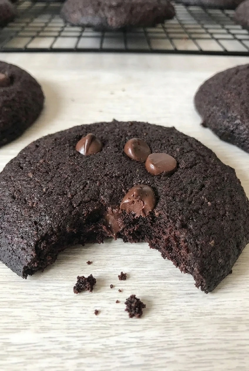 Close view of a bitten dark cocoa cookie showing its tender crumb and melted sugar-free chocolate chips