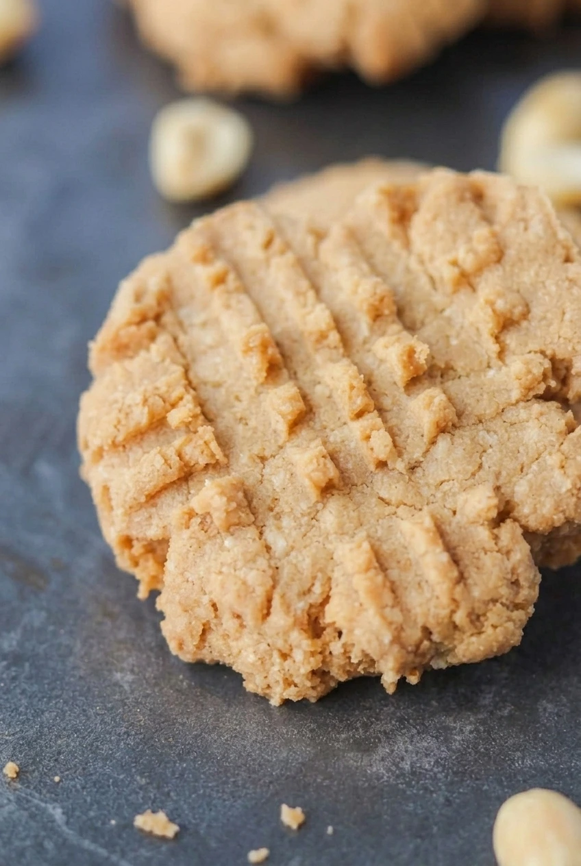 Close-up of a sugar-free peanut butter cookie showing fork grooves, peanut pieces, and a crumbly edge