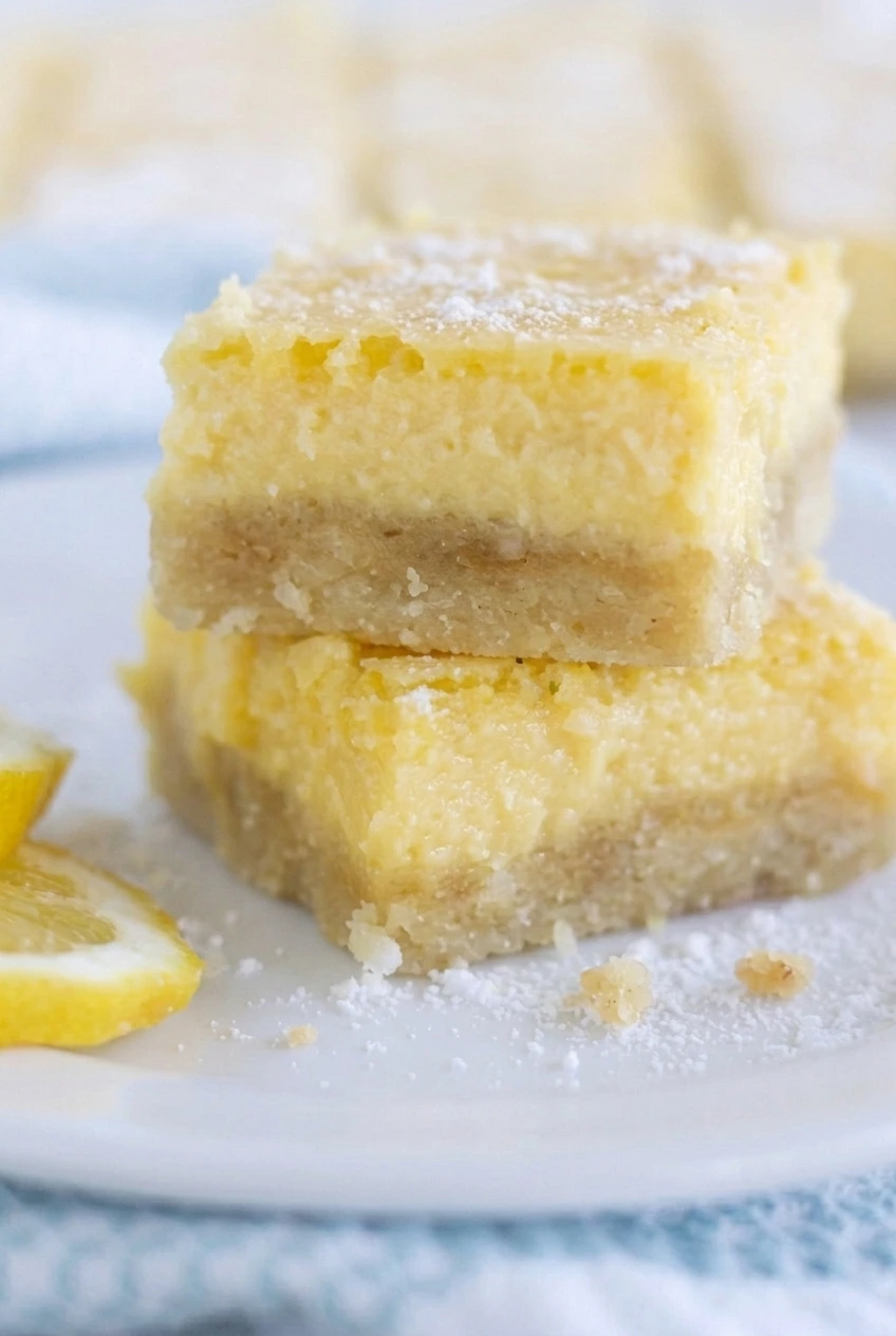 Close view of sugar-free lemon bars showing the lightly textured filling and distinct almond-flour crust