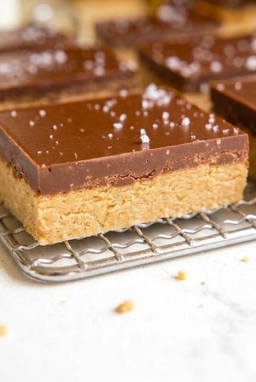 Close view of a peanut butter bar's dense cut layers beneath smooth chocolate and flaky salt