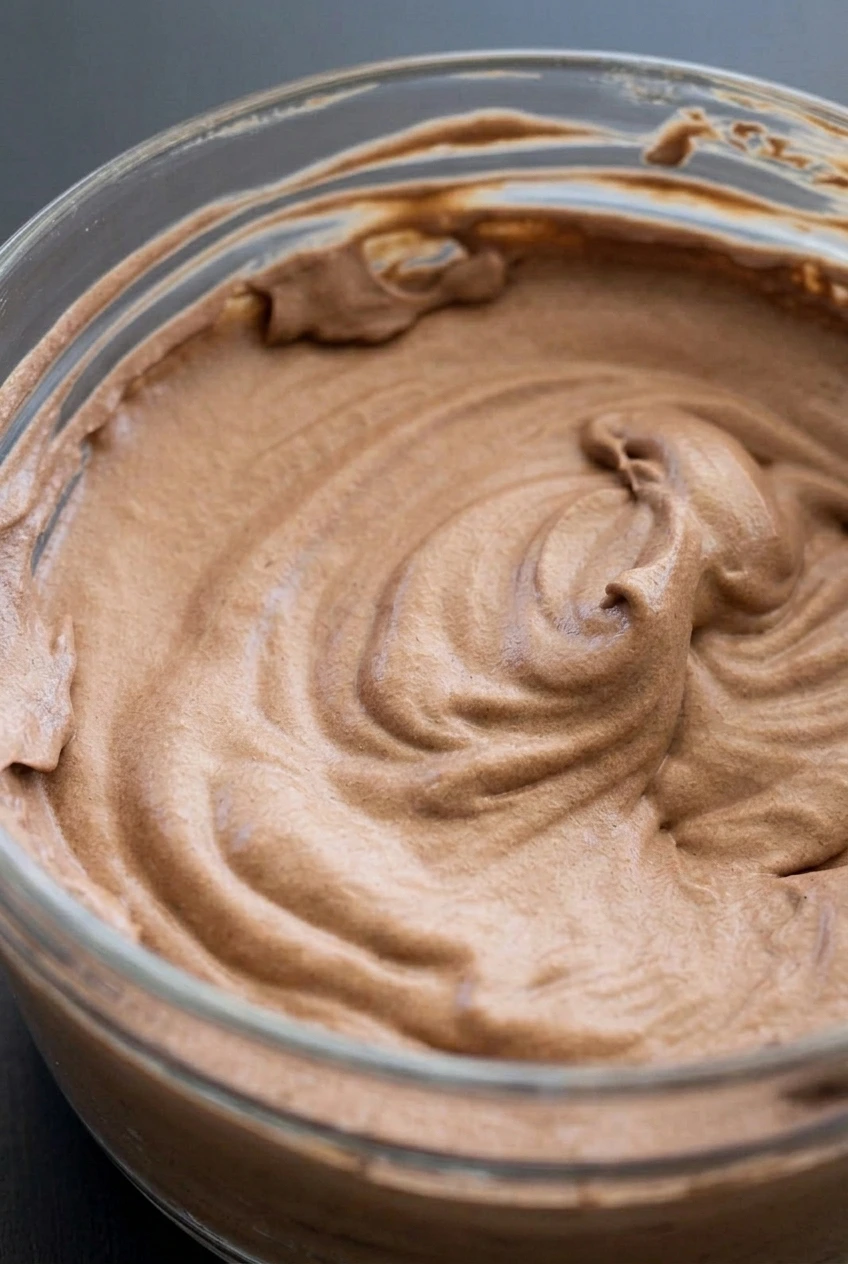 Close detail of the smooth, airy swirls in sugar-free chocolate mousse