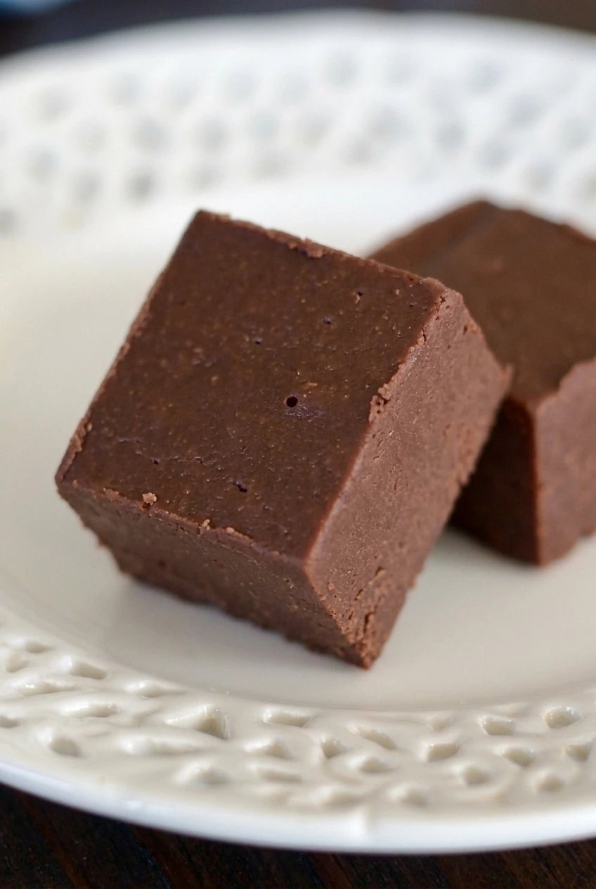 Close view of a cut sugar-free chocolate fudge square showing its smooth, dense interior.