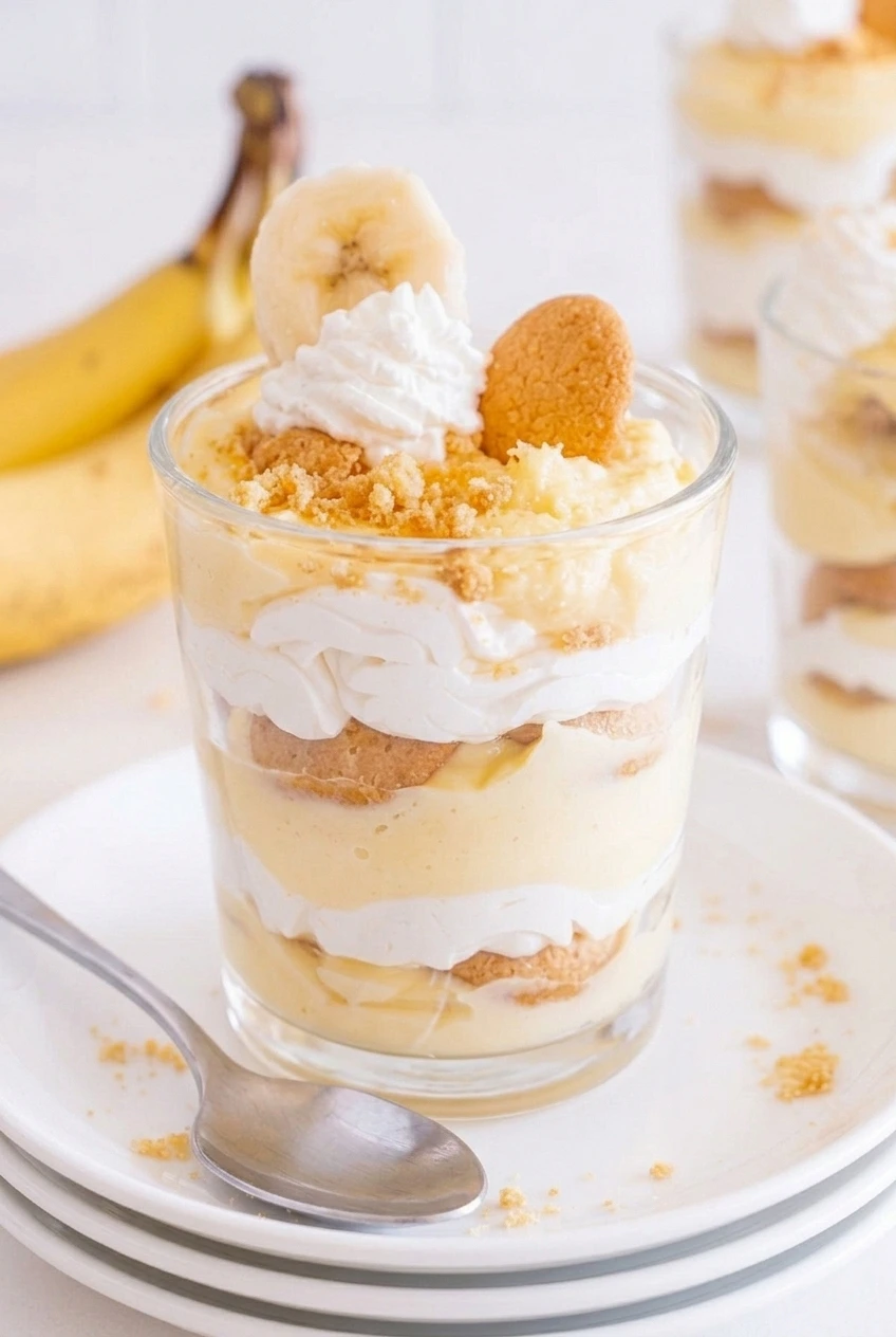 Close view of sugar-free banana pudding layers with softened vanilla wafers, banana slices, and whipped topping.