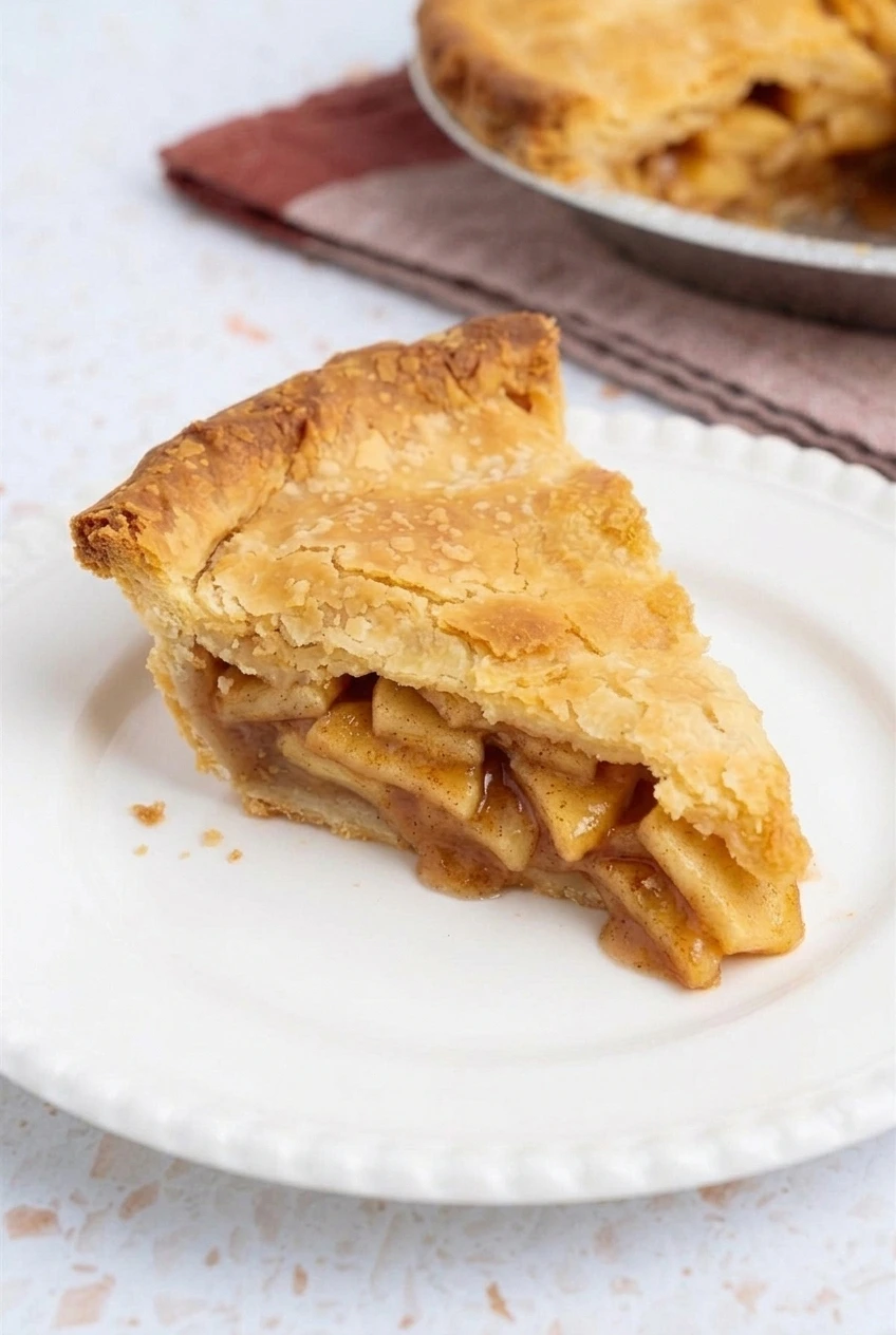 Close view of flaky double crust and glossy cinnamon apple slices in sugar-free apple pie