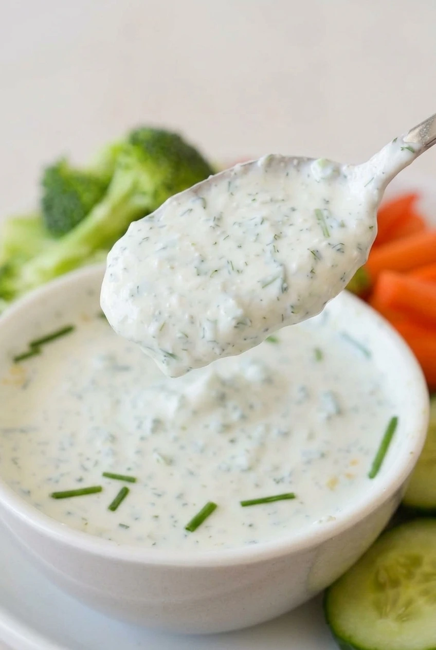 Close view of creamy cottage cheese ranch dip clinging to a spoon, with fine herb flecks and fresh chives.