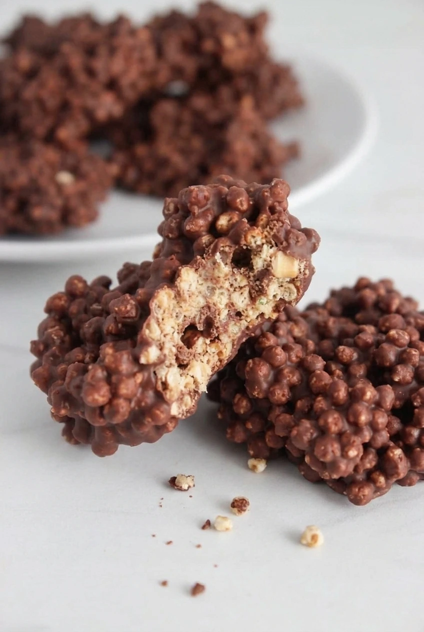 Close view of a broken dark chocolate quinoa crunch bite showing puffed quinoa inside its bumpy coating.