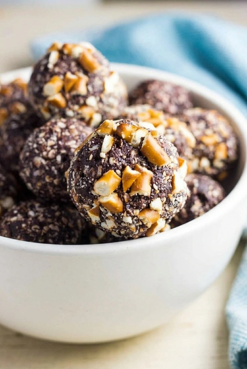 Close view of a cocoa-dark date energy ball showing pale flecks and crunchy pretzel pieces pressed into its rough surface.
