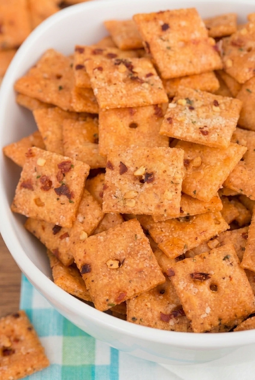 Close view of thin homemade baked Cheez-Its showing crisp surfaces, toasted edges, and red and black pepper flecks.