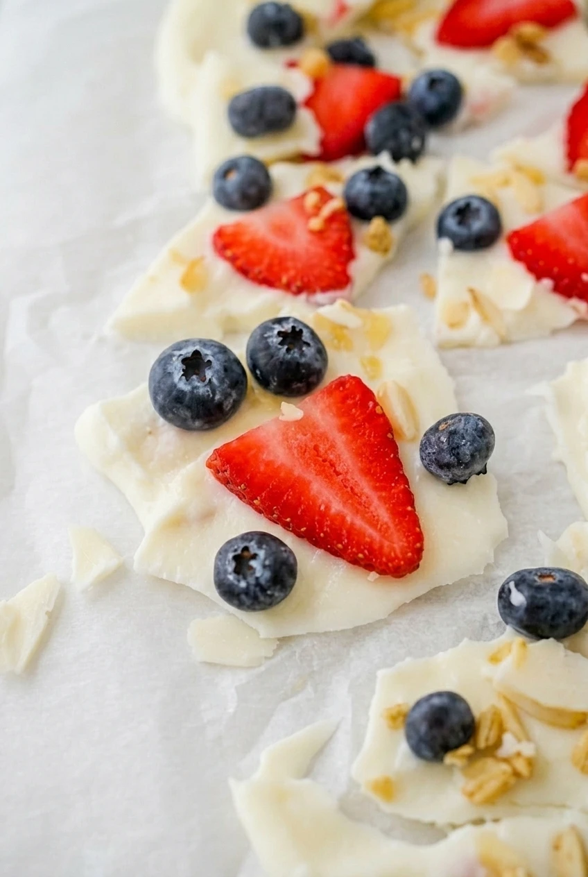 Close detail of frozen yogurt bark showing berries, granola, and its firm white yogurt texture