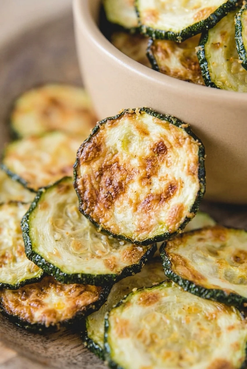 Close view of Air Fryer Zucchini Chips showing green skin rims, golden patches, and lightly toasted Parmesan flecks