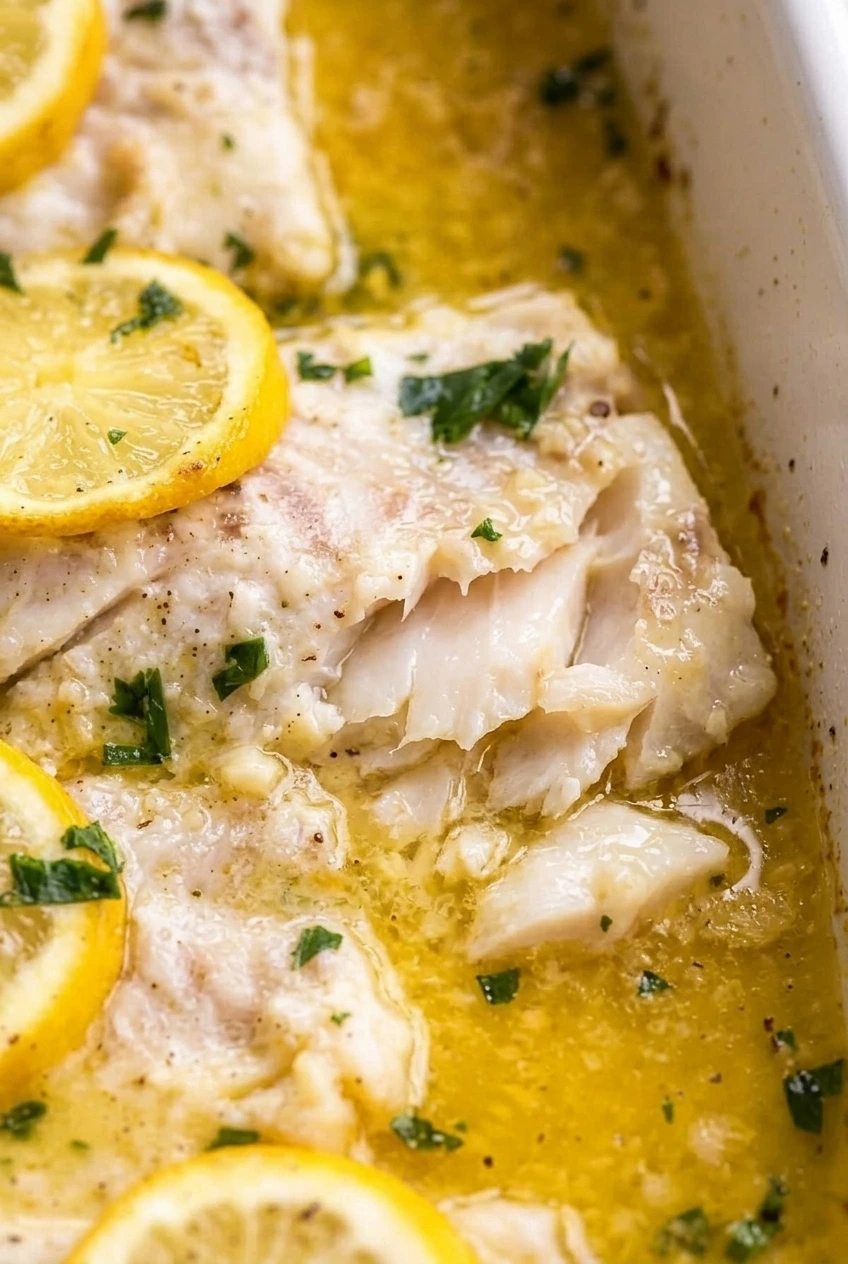 Close detail of flaky baked cod in golden lemon butter sauce with parsley and soft lemon slices