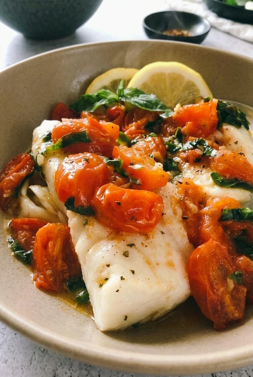 Close view of flaky white cod with glossy tomato pieces, basil, and lemon in tomato basil sauce.