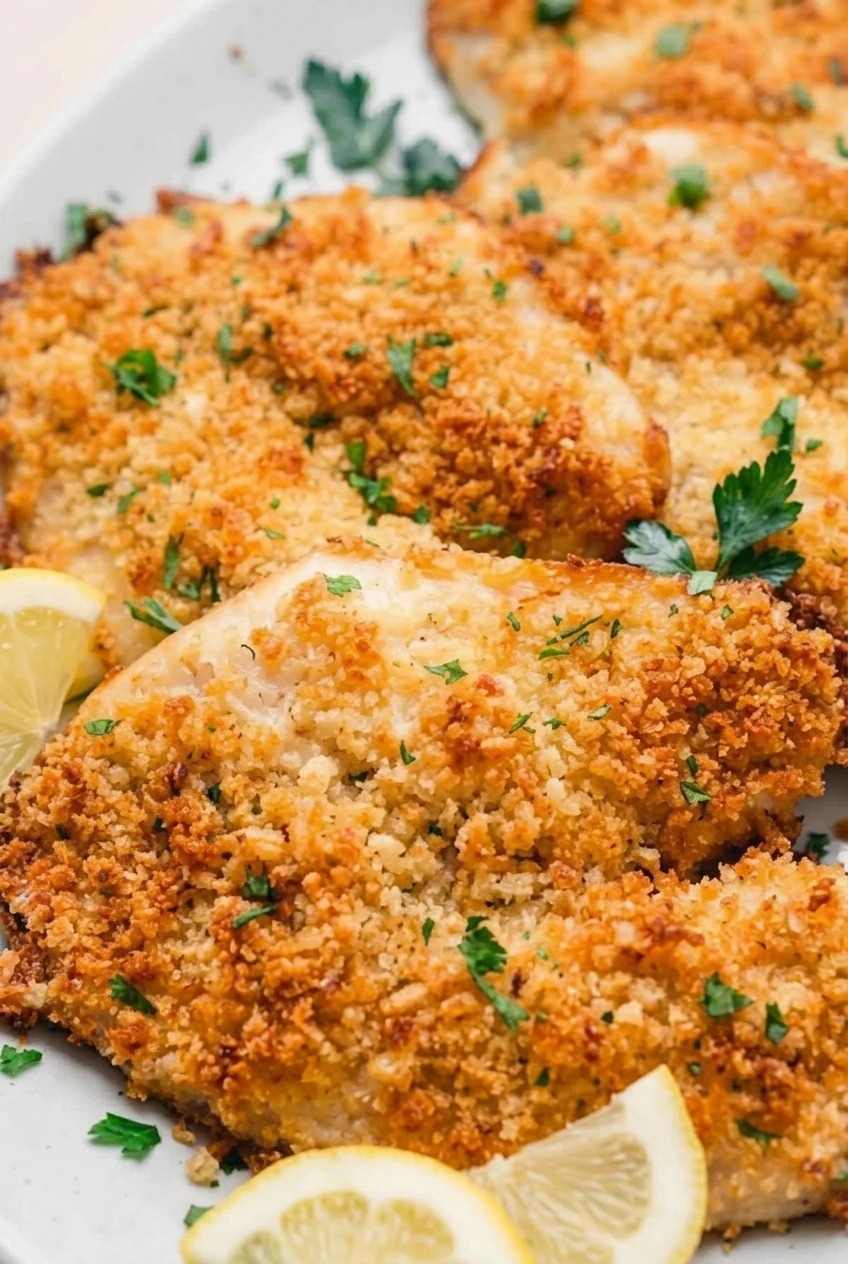 Close detail of the golden panko-Parmesan crust and moist, flaky white tilapia with parsley