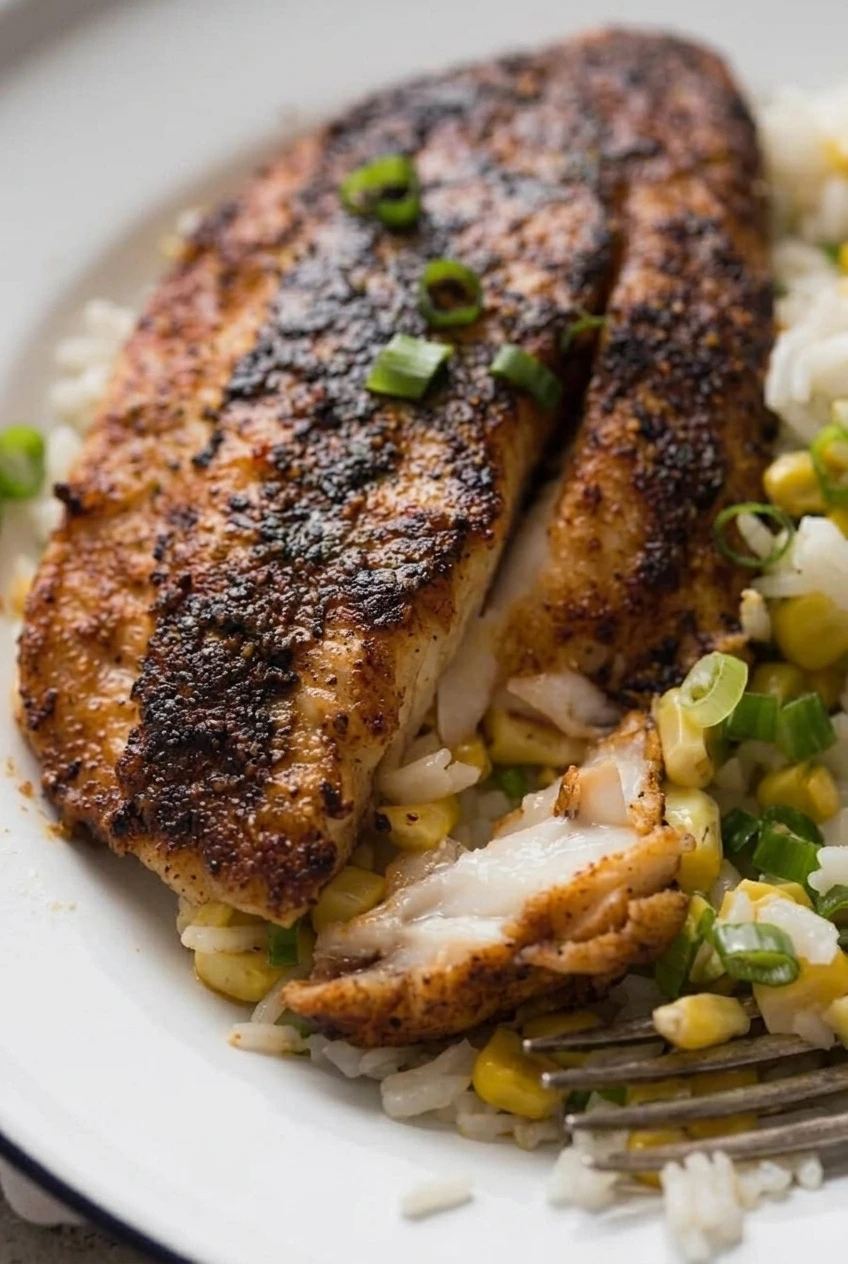 Close view of the browned Cajun crust and moist, flaky center of blackened tilapia