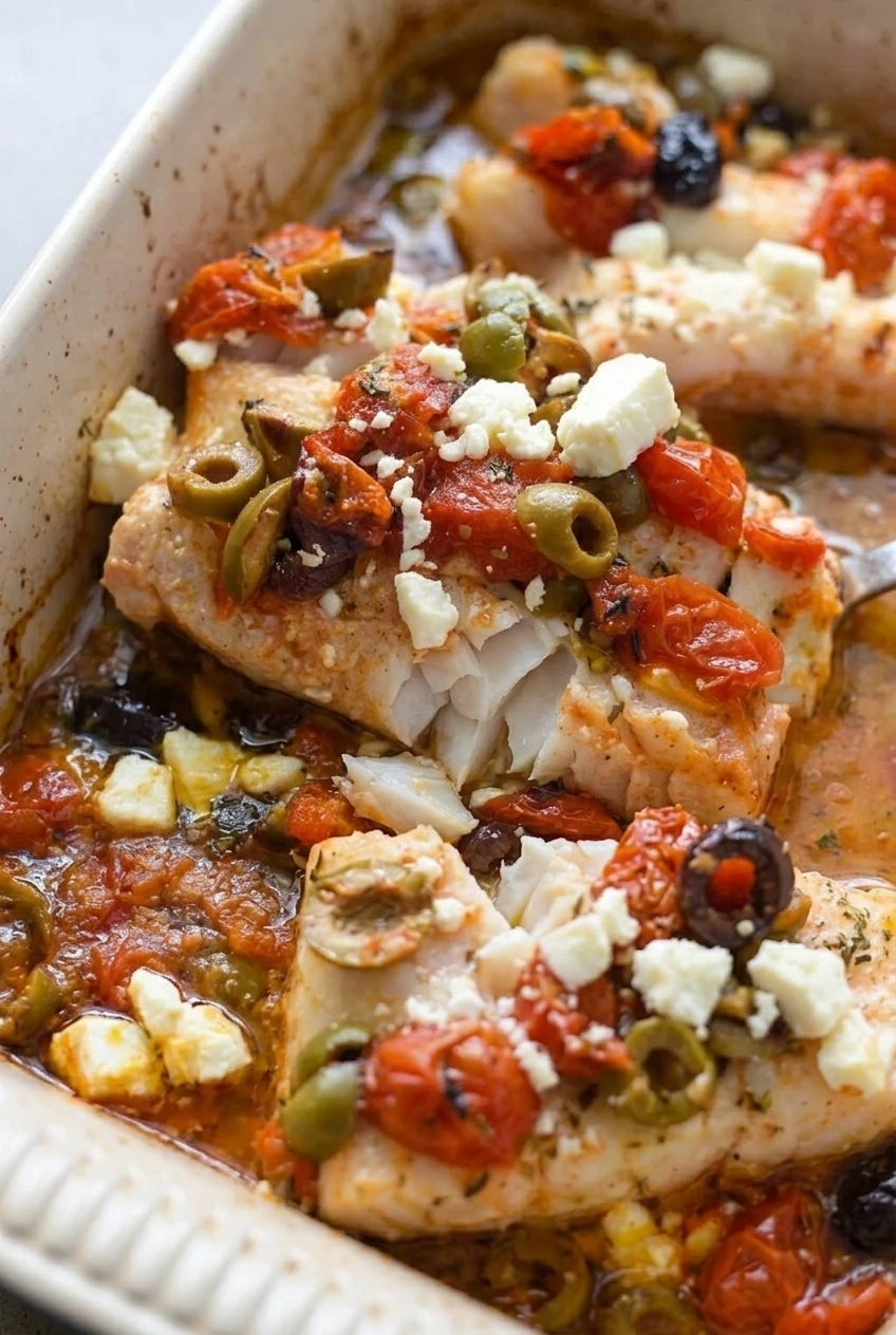 Close detail of flaky baked white fish with softened tomatoes, mixed olives, feta, and glossy cooking juices