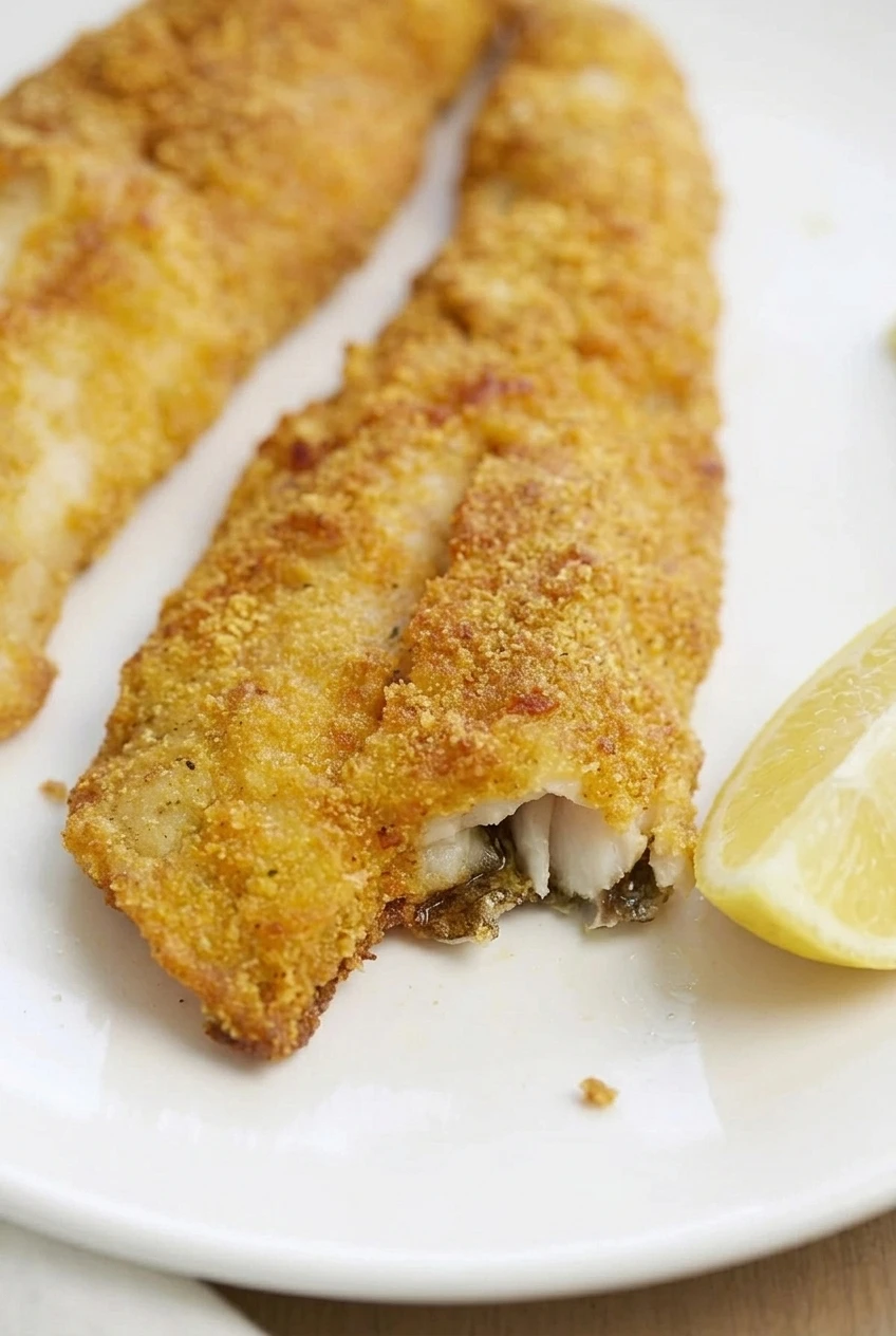 Close-up of the crisp crumb coating and flaky white fish inside a lemon garlic butter tilapia fillet.