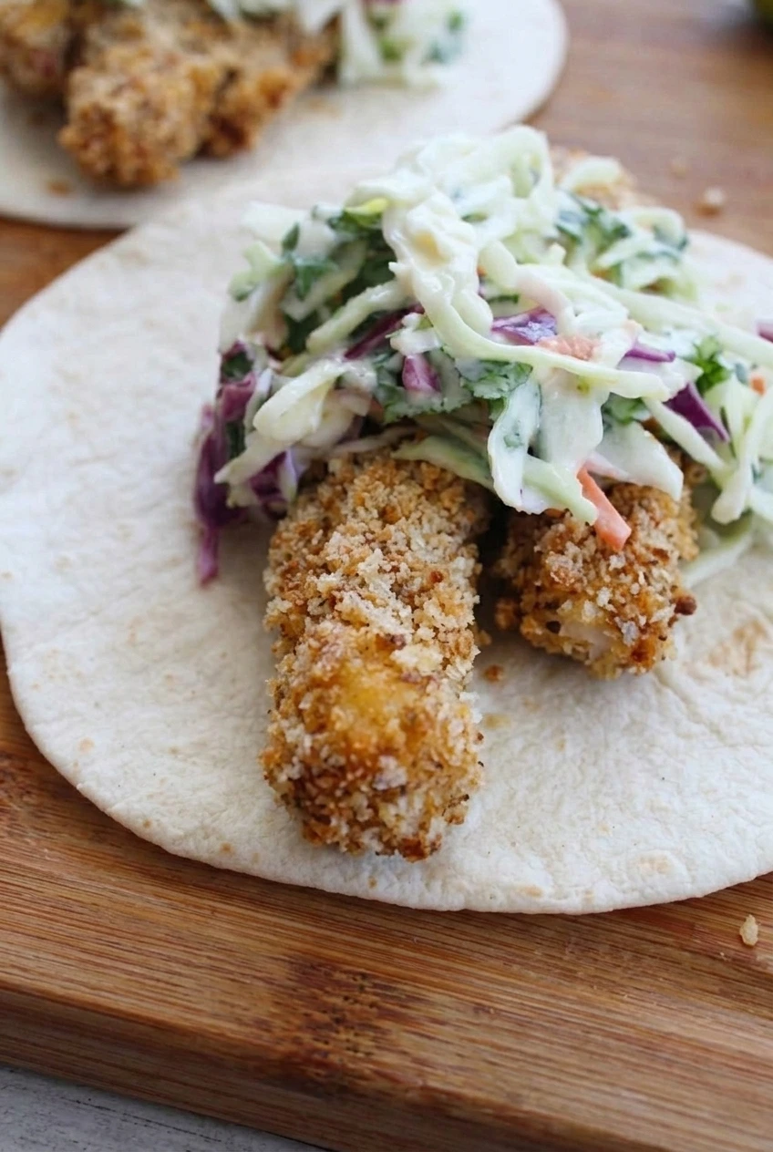 Close view of golden panko crust and flaky white fish beneath creamy cabbage slaw in an open-faced fish taco