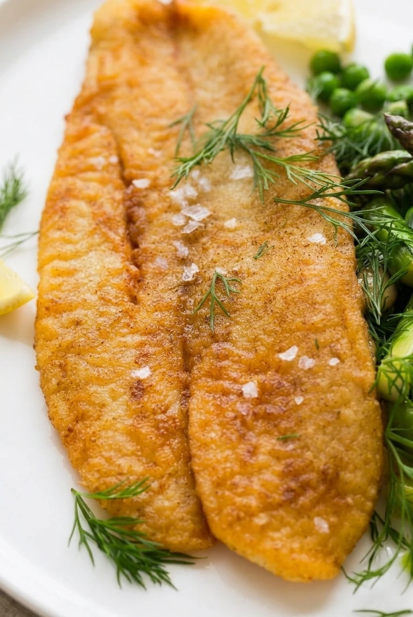 Close detail of the fine golden crust, dill, flaky salt, and tender fish on a pan-fried fillet