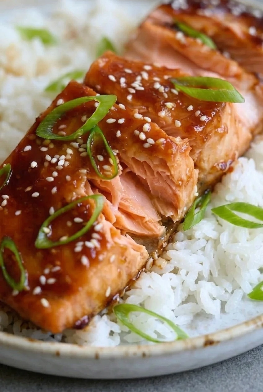Close detail of glossy honey garlic salmon, showing moist pink flakes, sesame seeds, and scallions