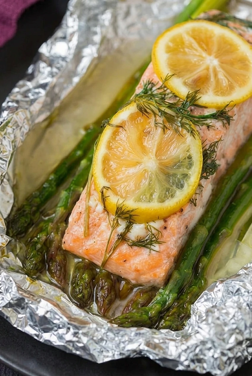 Close detail of moist baked salmon, softened lemon, dill, asparagus, and buttery juices in foil