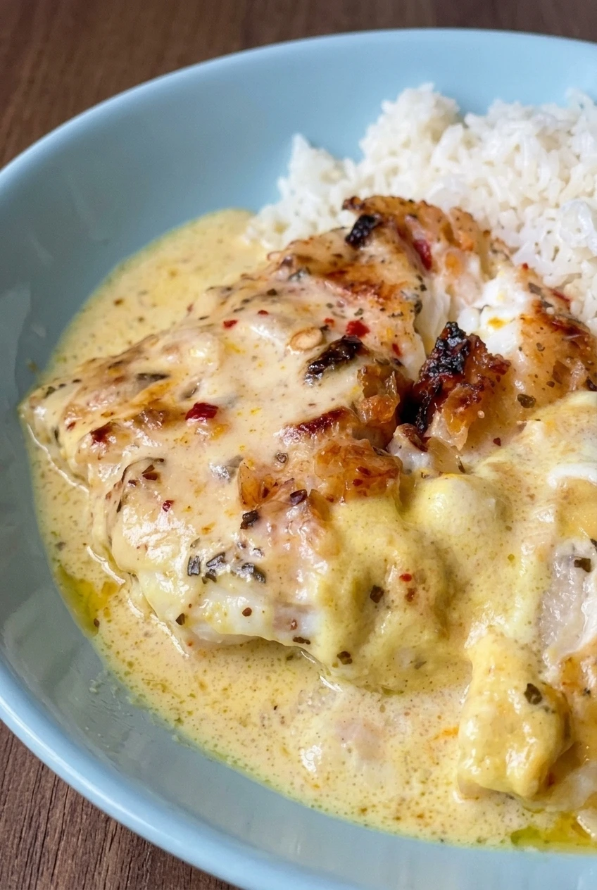 Close view of browned, flaky white fish coated in creamy coconut-lime sauce with fine seasoning flecks