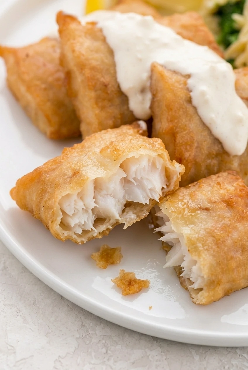 Close-up of a fish bite showing its flaky white interior, crisp golden coating, and garlic aioli