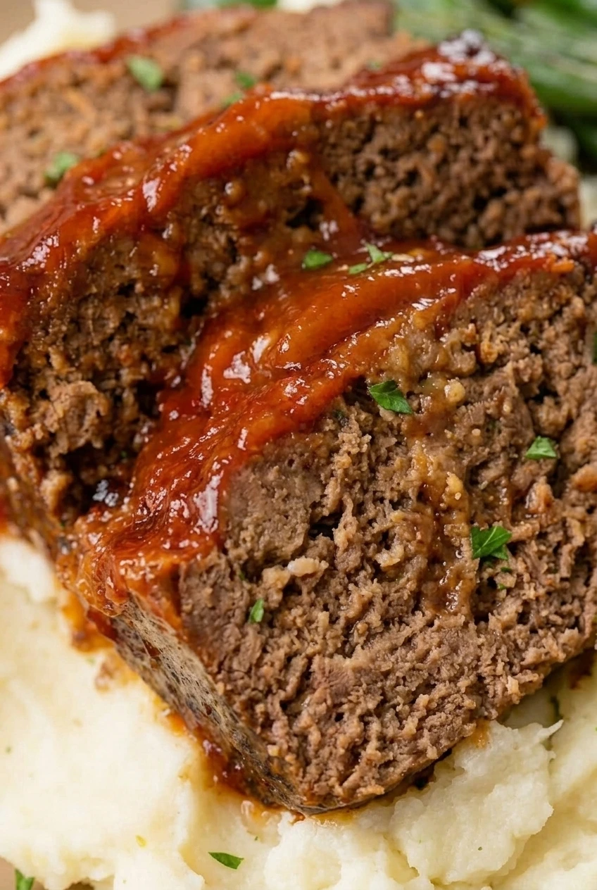 Close view of the moist, textured meatloaf interior beneath its glossy ketchup glaze