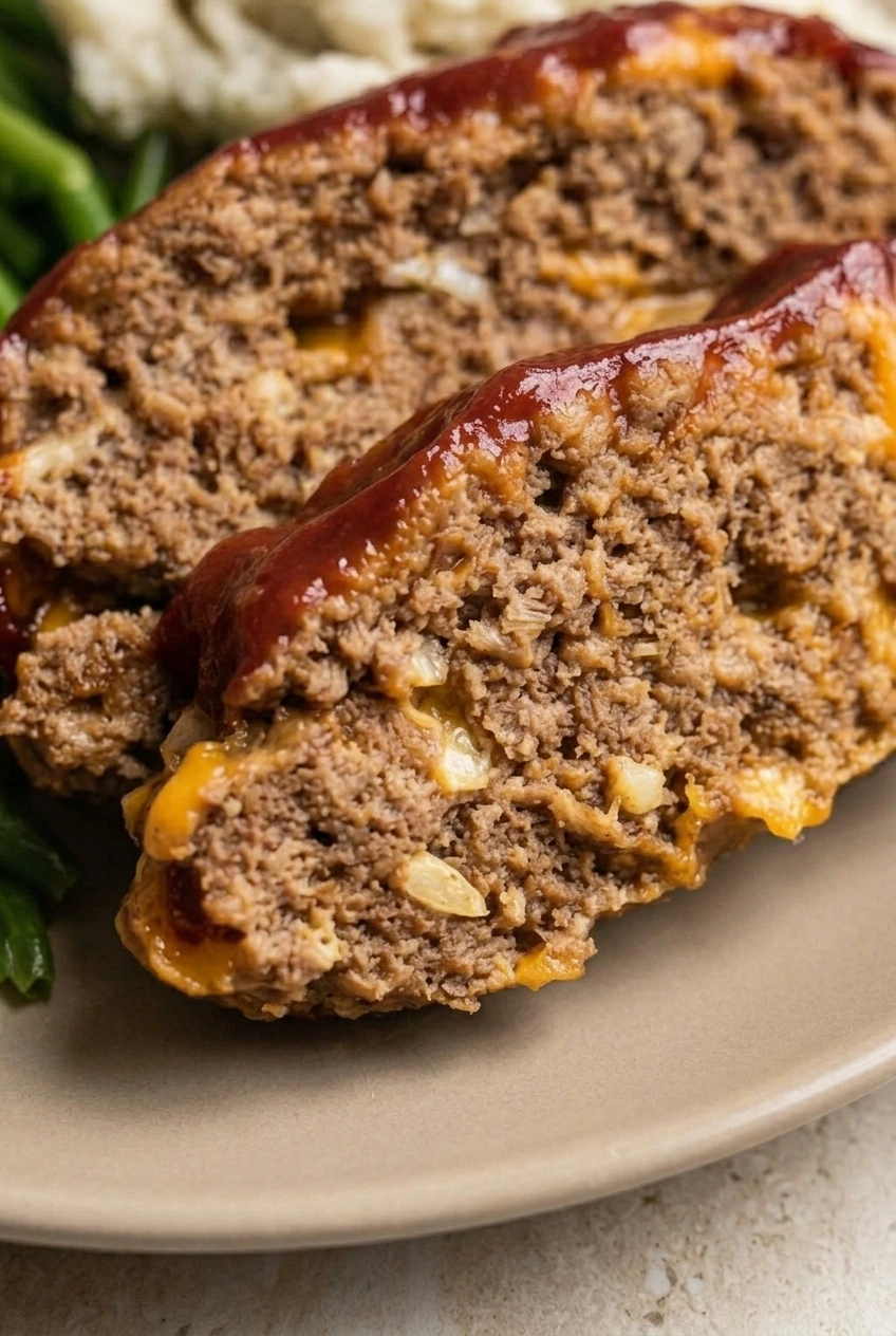 Close view of a cheeseburger meatloaf slice showing its coarse beef interior, melted cheddar pockets, and glossy glaze