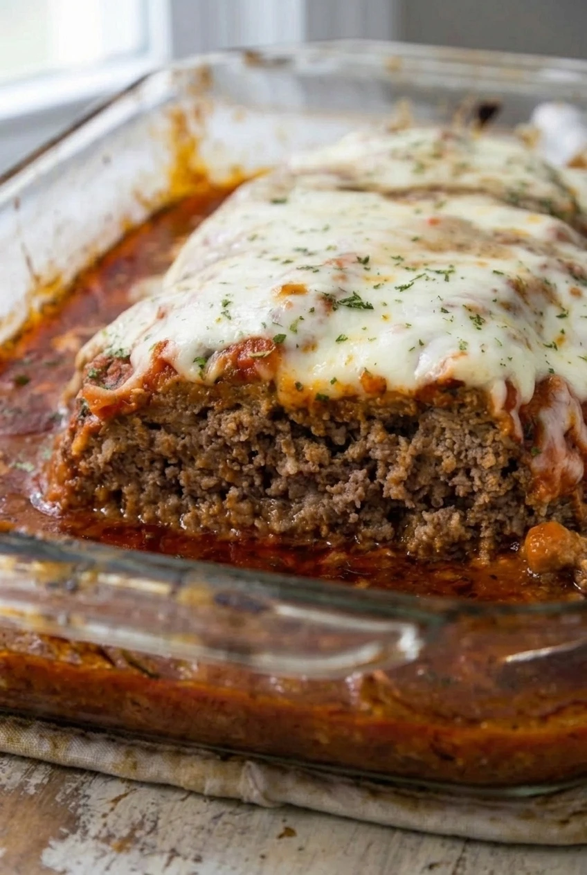 Close view of the tender cut interior, melted mozzarella, parsley, and marinara on Italian meatloaf