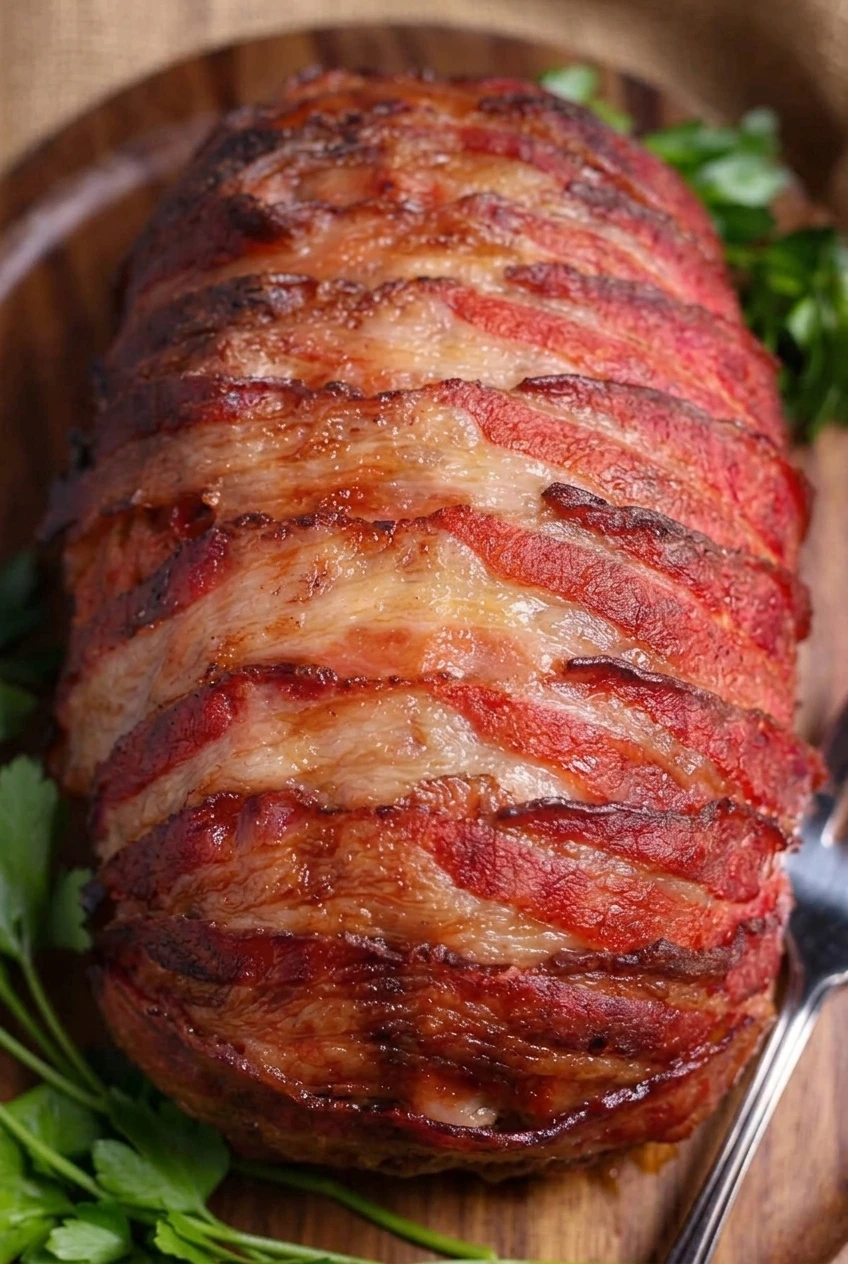 Close view of the glossy, overlapping browned bacon strips on the whole meatloaf