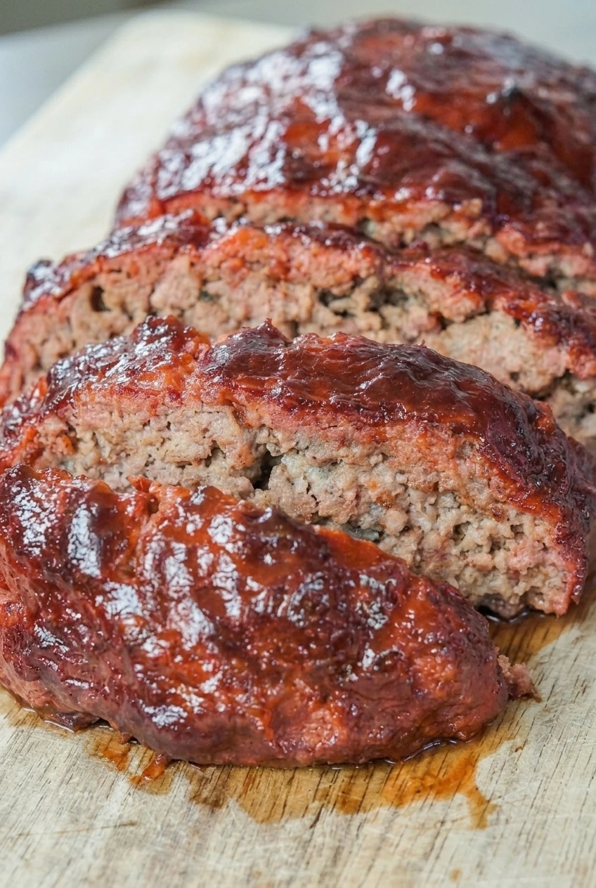 Close detail of BBQ meatloaf showing its moist, cohesive cut interior and glossy reddish-brown glaze.