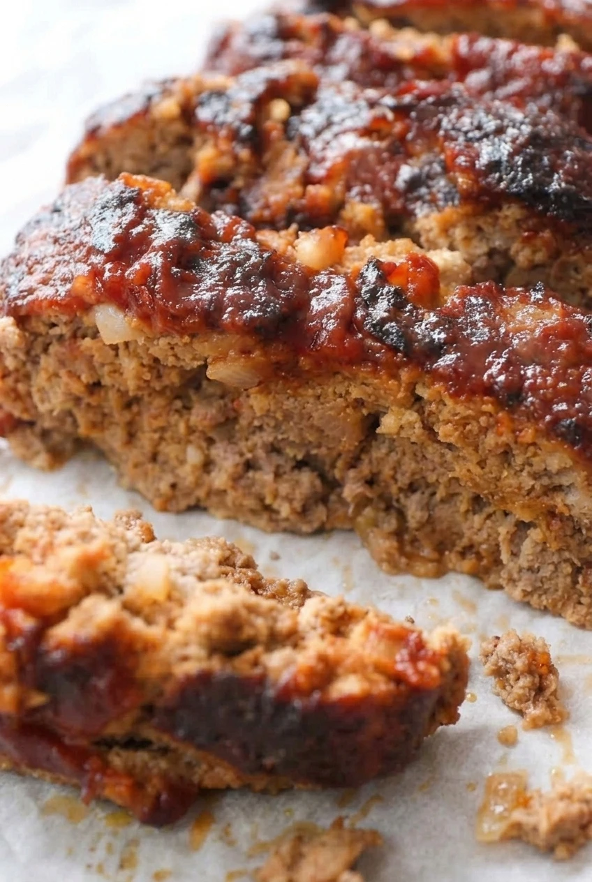 Close view of a thick air fryer meatloaf slice with a moist beef-and-onion interior and browned ketchup glaze.
