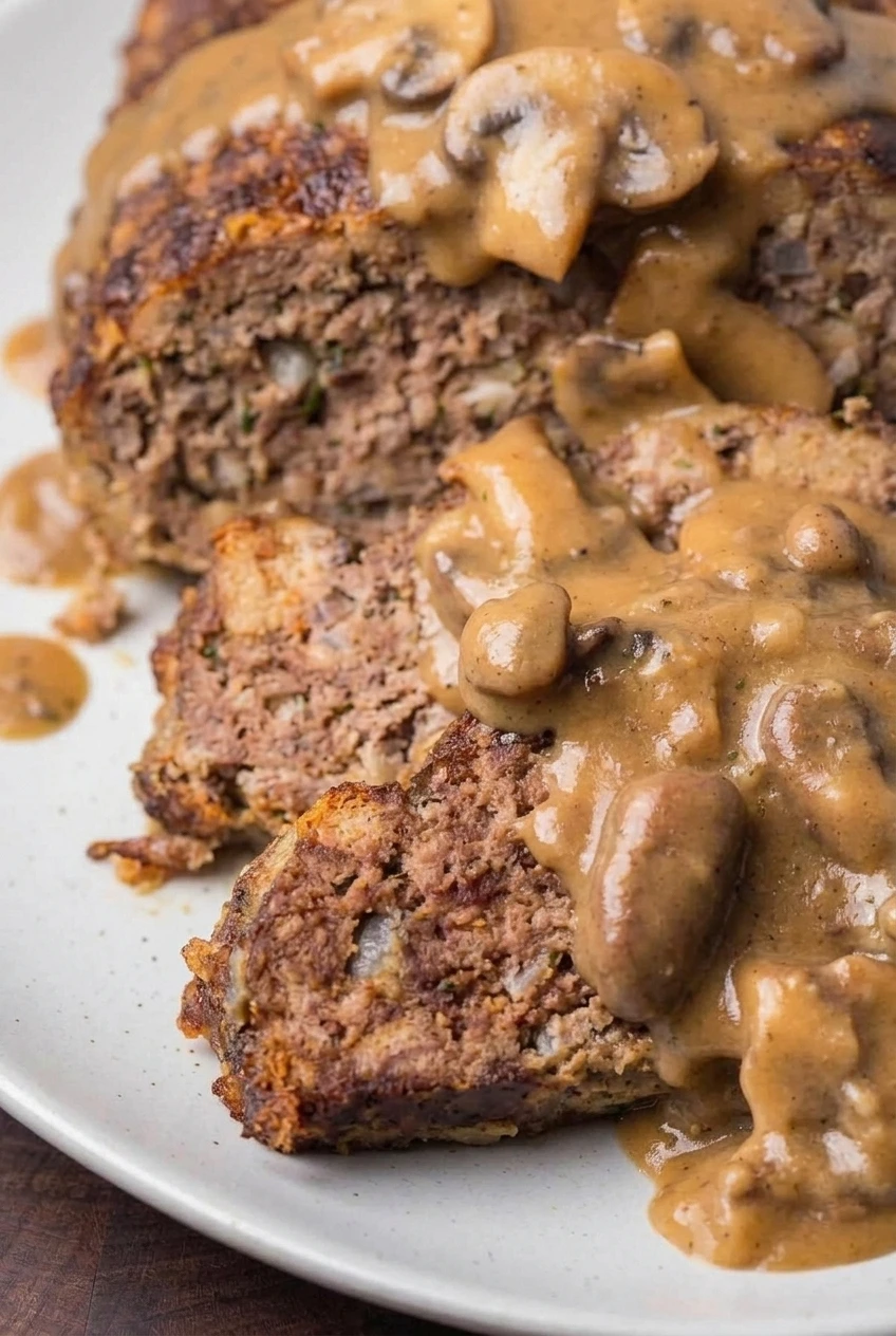 Close view of tender meatloaf interior, browned edges, and mushroom slices in glossy gravy