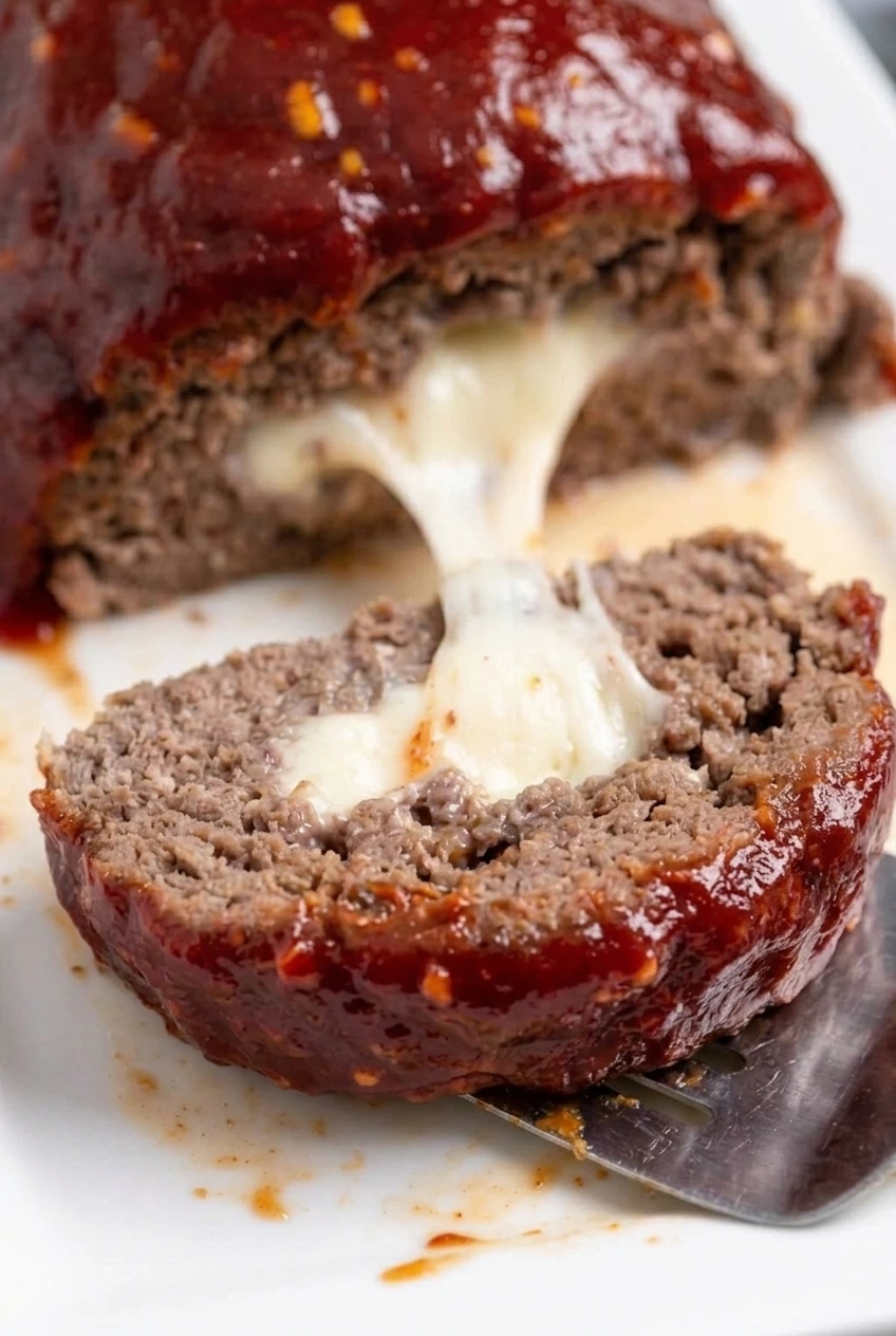 Close view of the meatloaf cross-section, showing moist beef around its melted mozzarella center