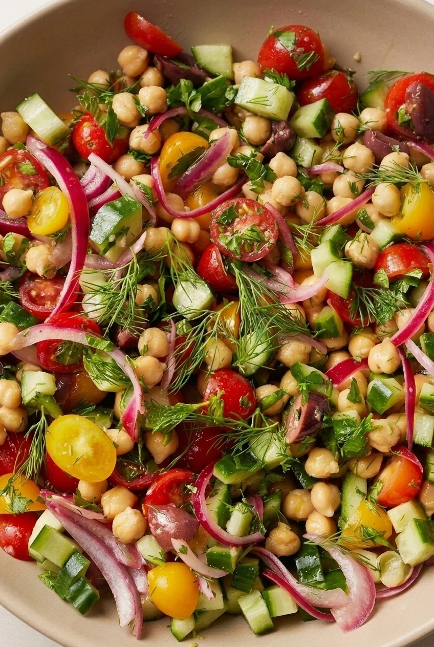 Close view of whole chickpeas, cucumber, tomato halves, red onion, olives, and herbs in chickpea salad