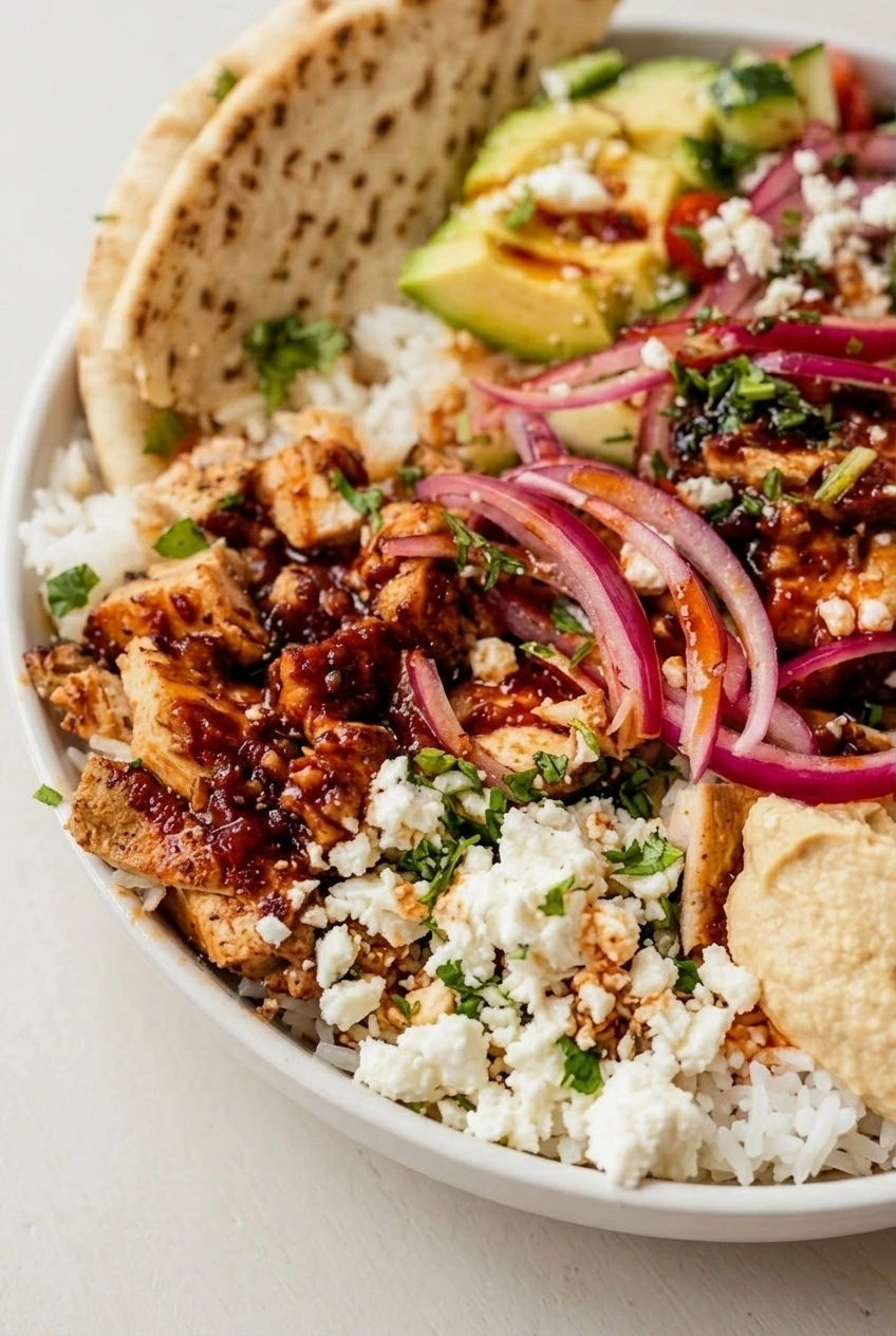 Close view of browned honey harissa chicken, glossy red dressing, fluffy rice, and fresh bowl toppings