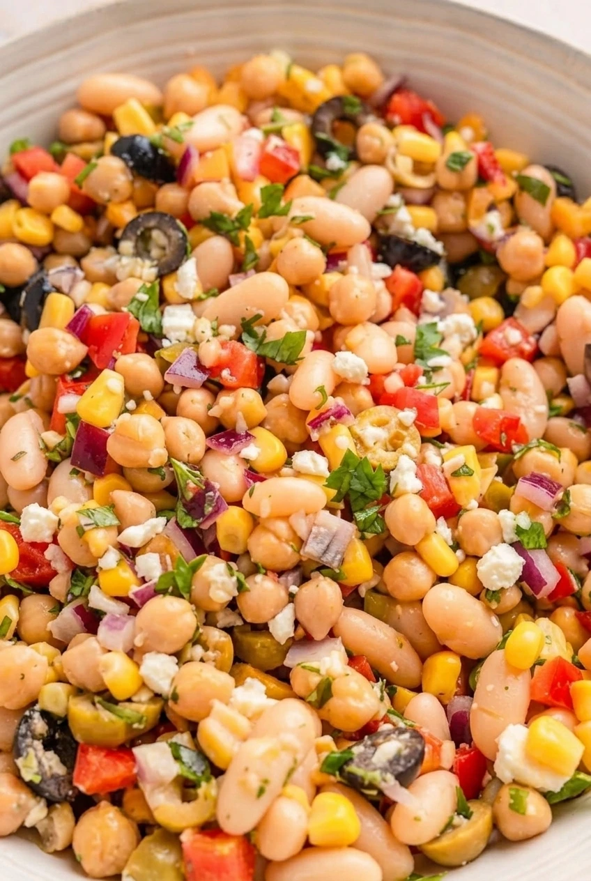Close detail of dense bean salad showing whole beans, corn, olive slices, feta, red pepper, and parsley