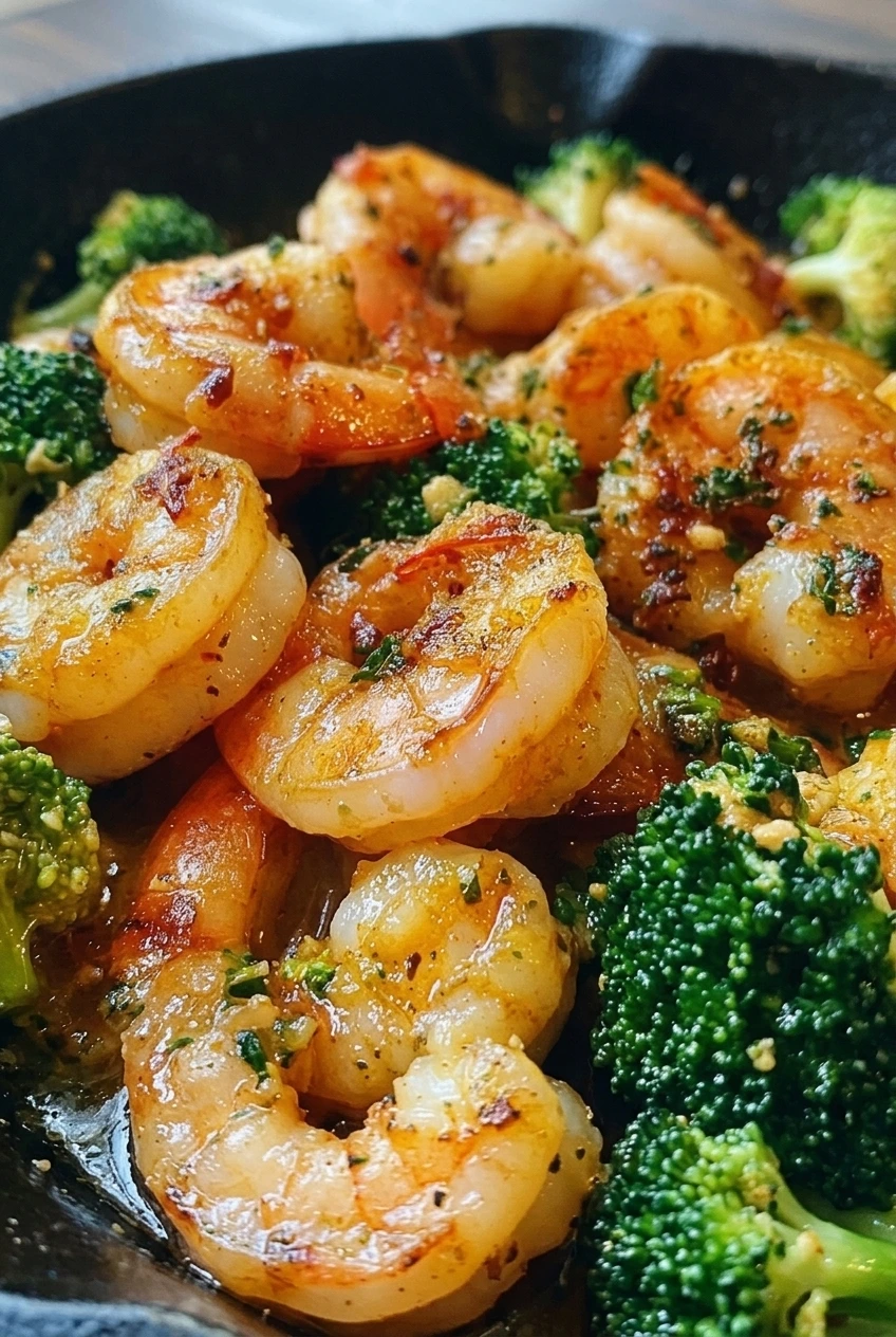 Close detail of glossy garlic butter shrimp and broccoli, showing seared surfaces, garlic flecks, and textured florets.