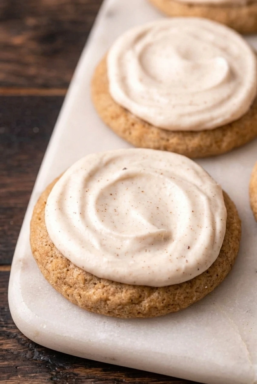 Close view of a golden eggnog cookie edge and its thick, nutmeg-speckled frosting swirl.