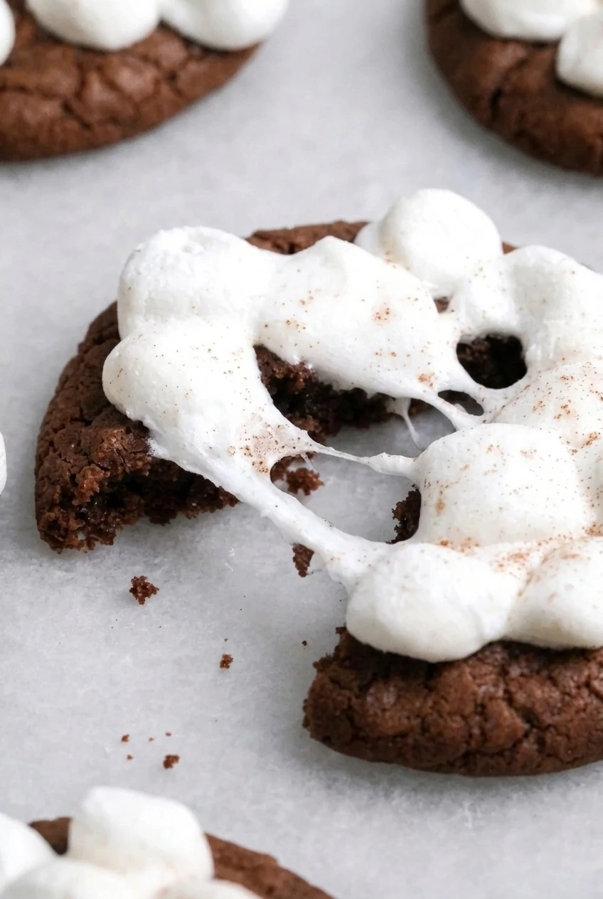 Close-up of a broken hot chocolate cookie showing its tender center and stretchy marshmallow topping.